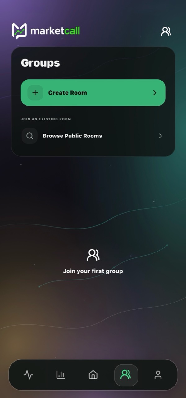 Groups screen for creating or discovering MarketCall rooms